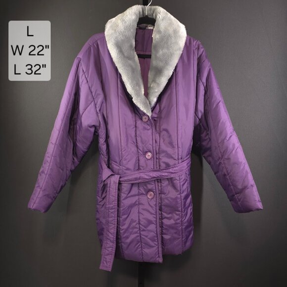 Vintage Puffer Coat Womens L 80s Purple Quilted Faux Fur Collar Belted Winter - Picture 1 of 4